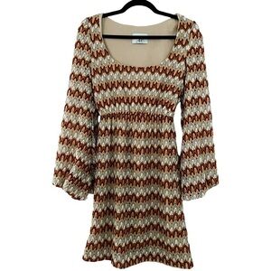 JUDITH MARCH Knit Crochet Brown Neutral Stripe Bubble Sleeve Dress Sz M